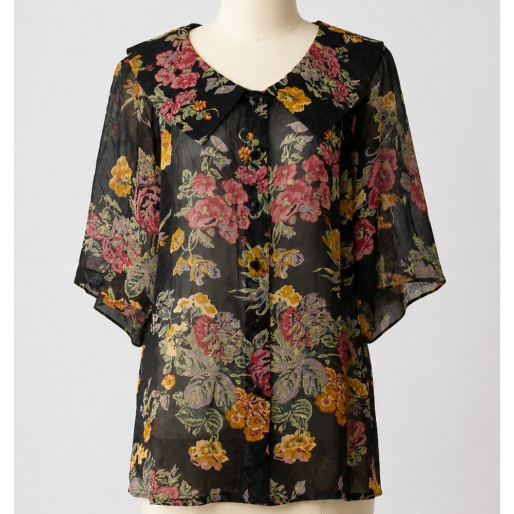 Sue Wong Vintage Floral Blouse Petite Sheer Rayon Oversized Cottagecore